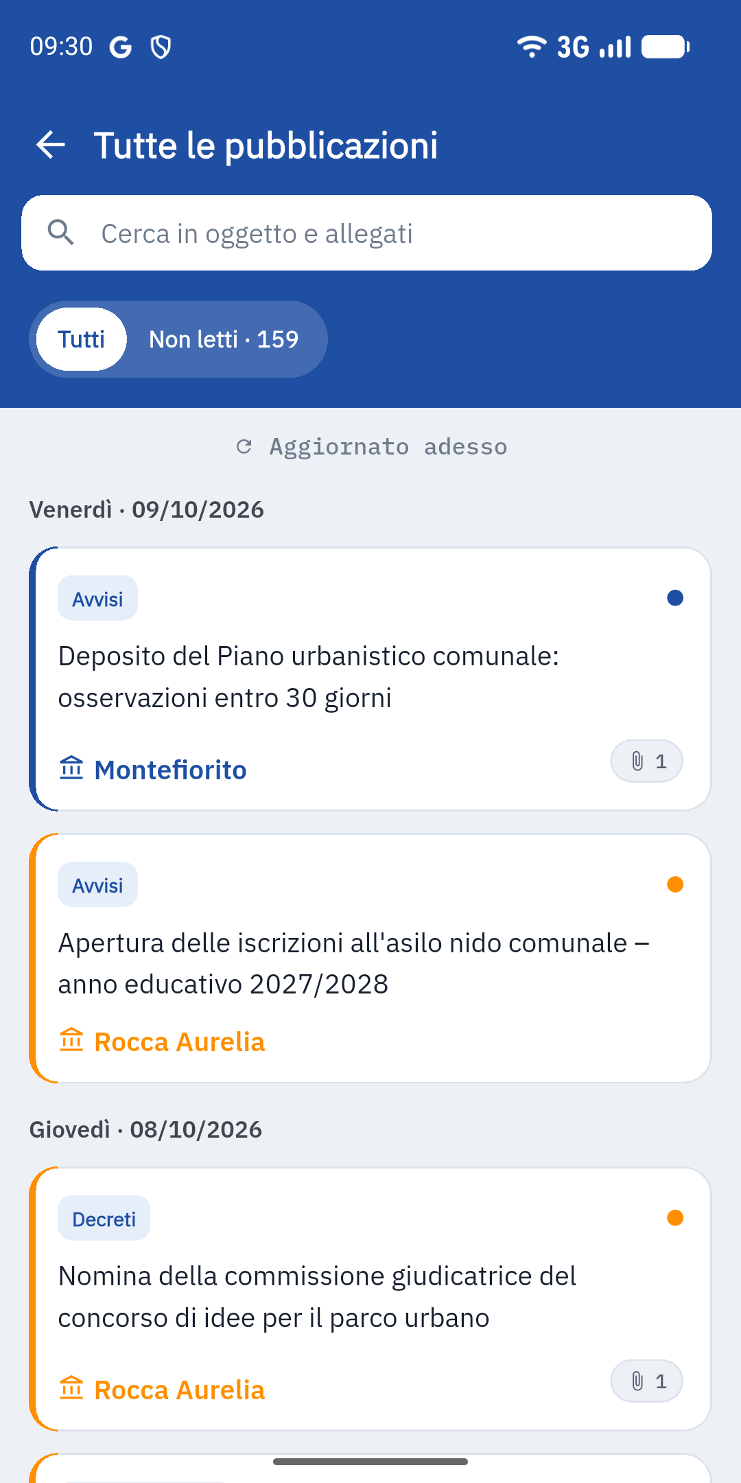 Schermata dell'app: tutte le pubblicazioni dei comuni seguiti in un'unica lista
