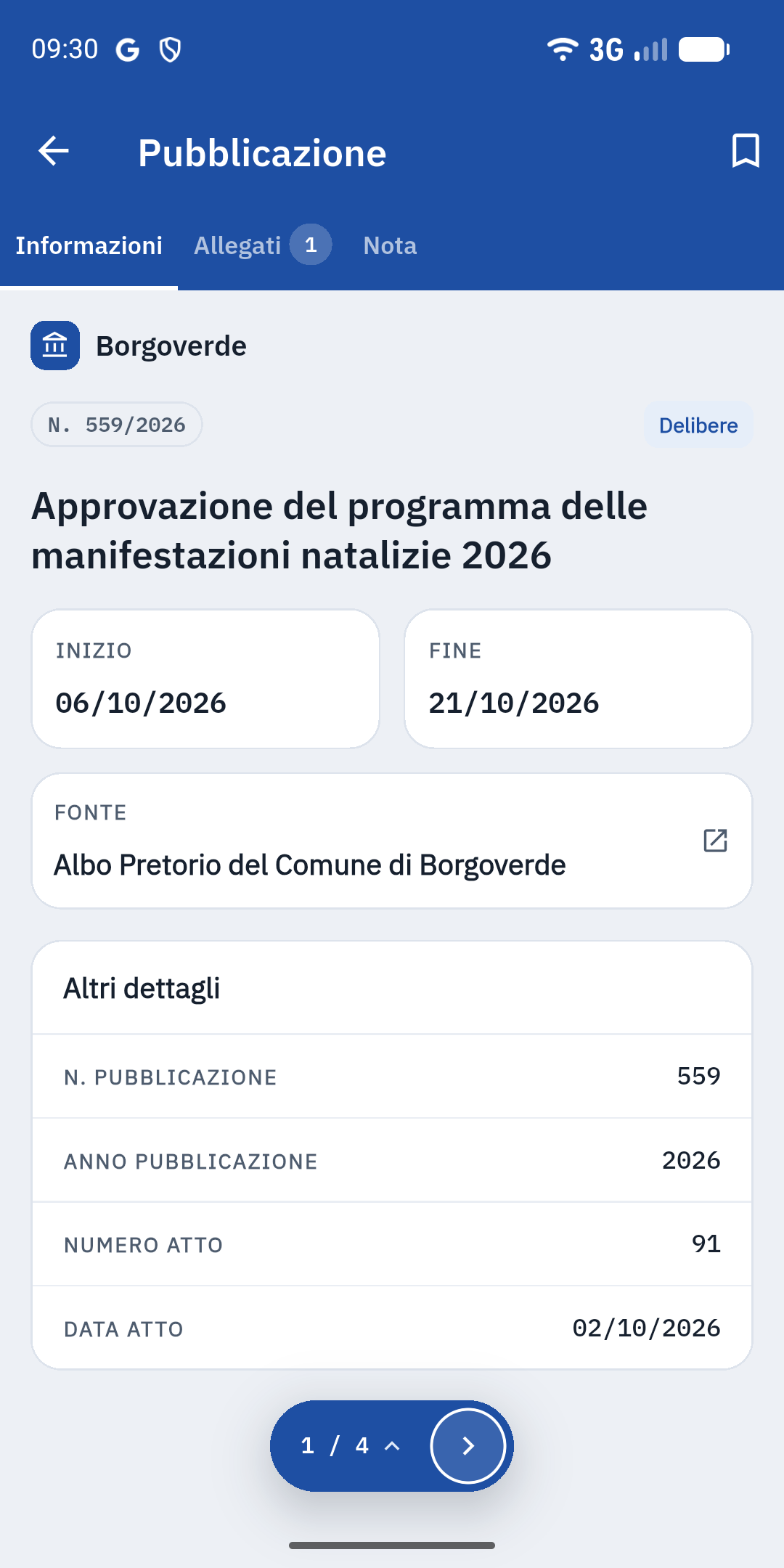 Schermata dell'app: Dettaglio e fonte ufficiale